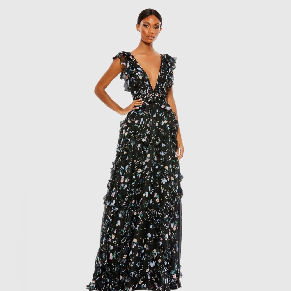 Ieena for Mac Duggal Ruffled Floral Print Cap Sleeve Gown Size 8